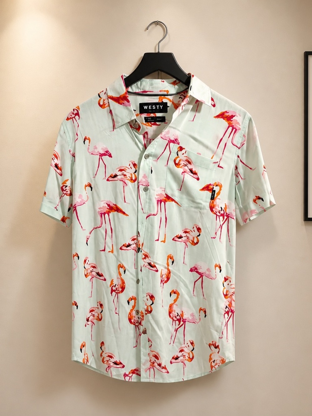 WESTY Mint Green Short-Sleeve Flamingo Print Button-Down Shirt